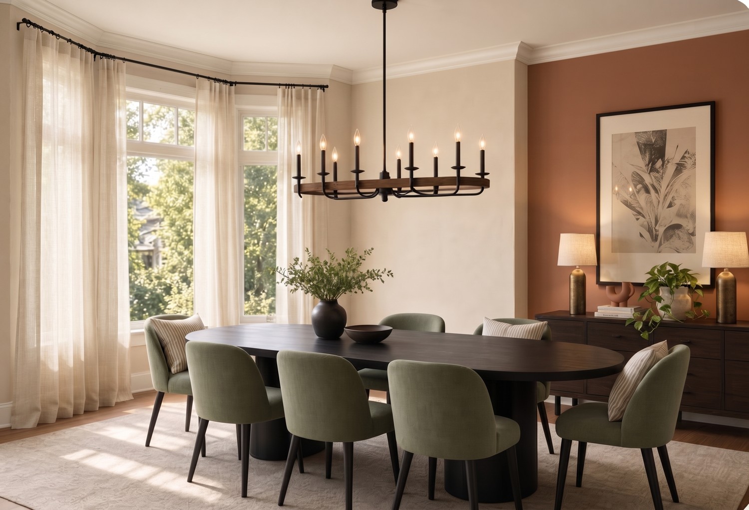 Dining room with a black linear candle chandelier over a dark oval table, olive green velvet chairs, a terracotta accent wall and a bay window