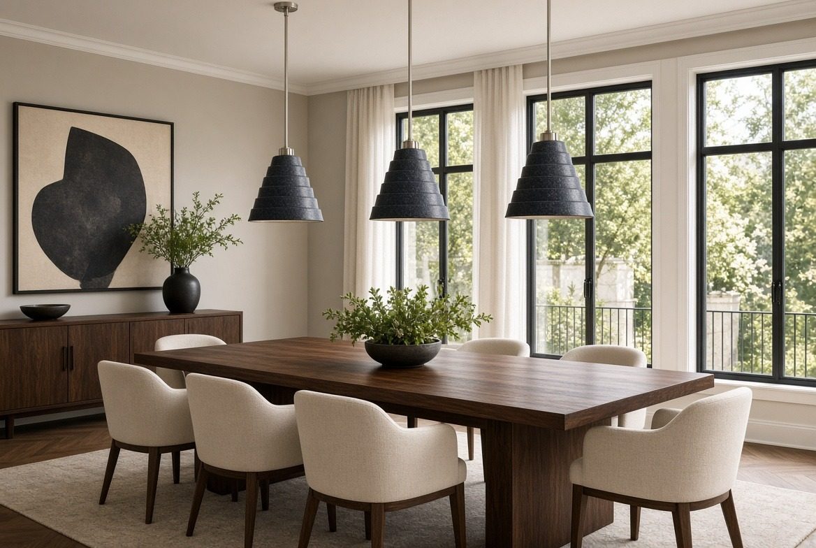 Dining room with three stepped black ceramic pendants over a dark walnut table, cream upholstered chairs, a walnut sideboard and tall black-framed windows