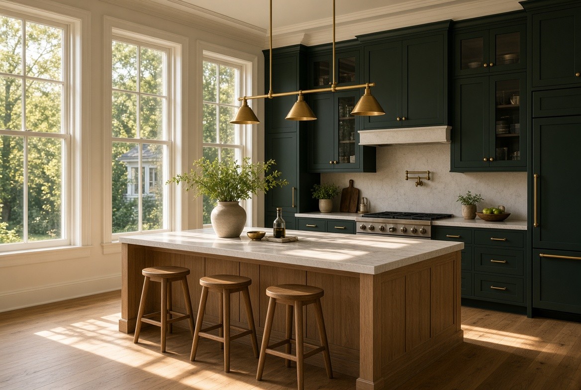 Kitchen with three brass cone pendants on a rod over a white oak island, dark green cabinetry, a plaster hood and tall windows
