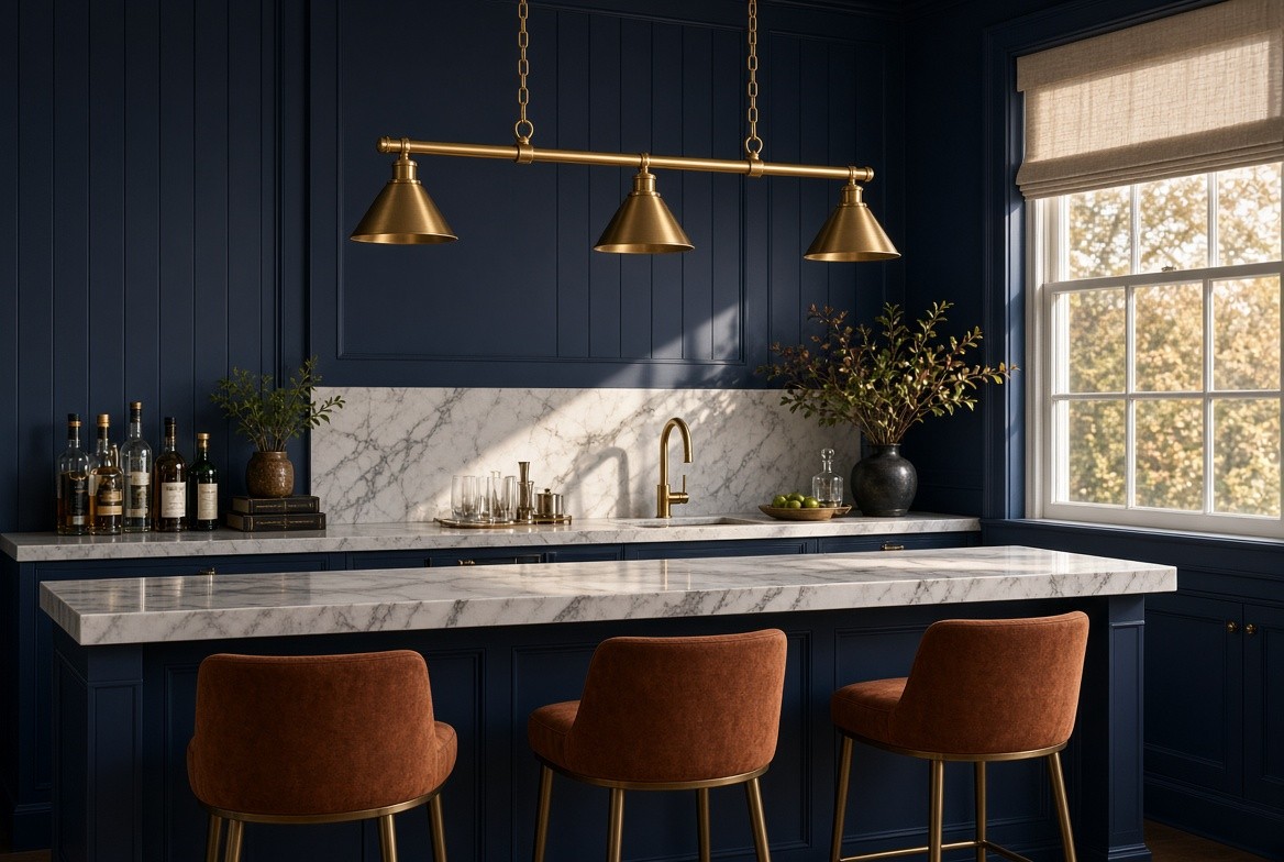 Navy panelled wet bar with three brass cone pendants on a linear rod, a marble waterfall counter, rust velvet stools and a brass tap