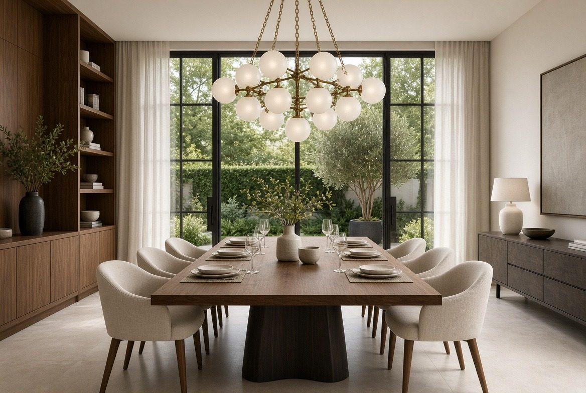 Dining room with a brass chandelier of frosted glass globes on chains, a walnut pedestal table, cream upholstered chairs and a garden beyond glass doors