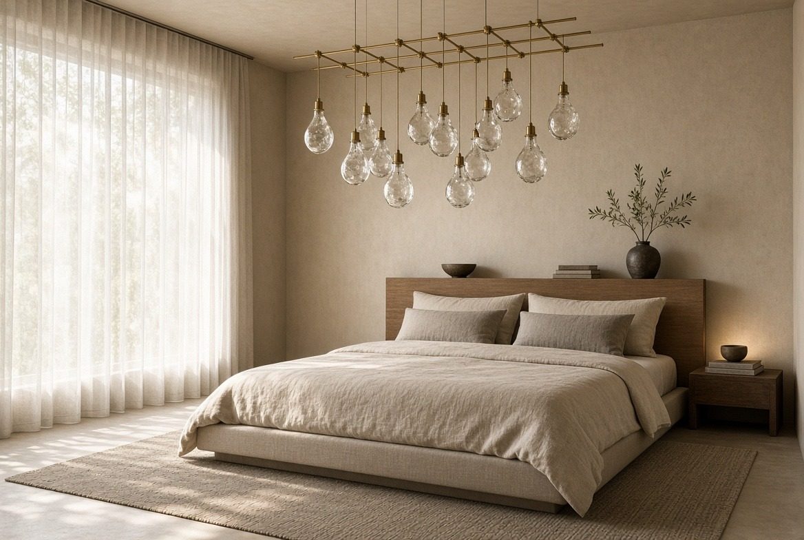 Bedroom with a brass grid chandelier dropping clear glass bulbs, a low linen bed with a walnut headboard, sheer curtains and a jute rug
