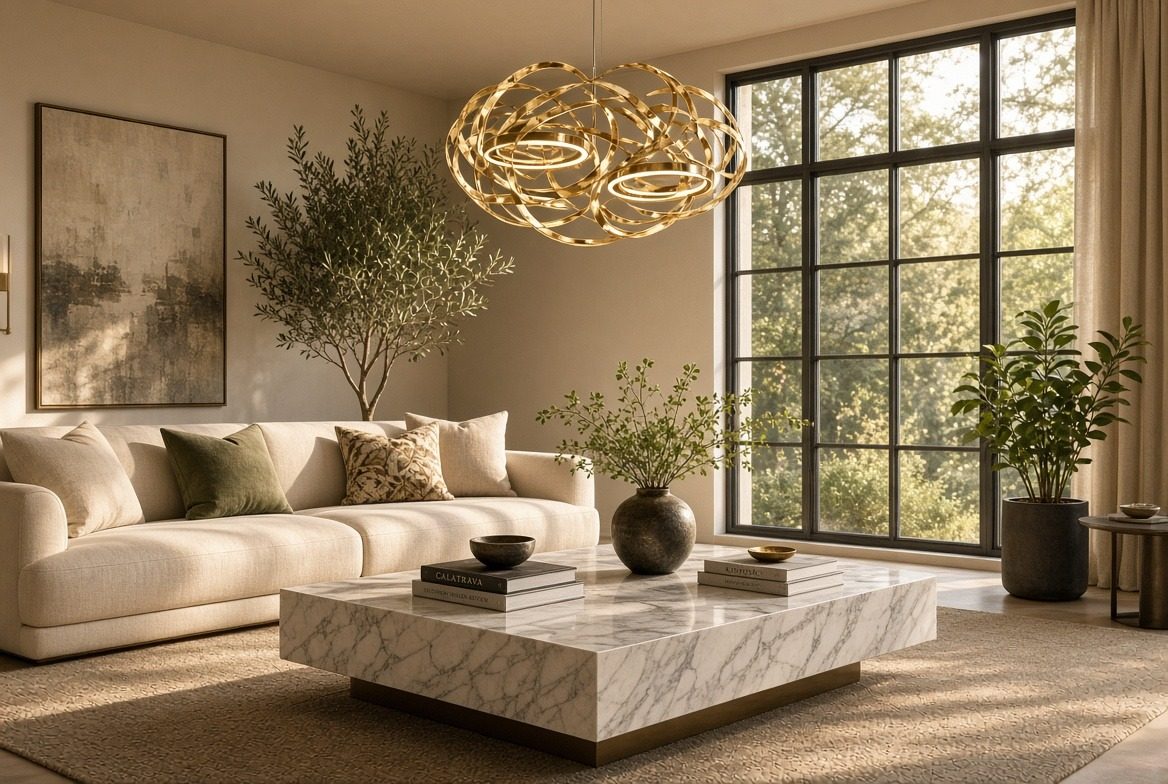 Living room with a looping gold leaf ribbon chandelier, a cream curved sectional, a white marble block coffee table on a bronze base and a tall olive tree