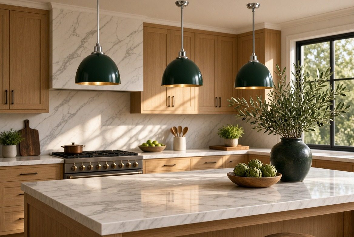 Kitchen with three glossy hunter green dome pendants over a white marble island, white oak cabinetry, a marble backsplash and an olive branch arrangement