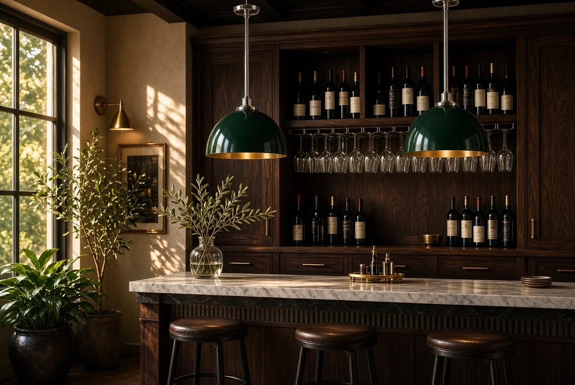 Dark wood wine bar with two glossy hunter green dome pendants, a marble counter, wine storage, leather stools and a brass wall sconce