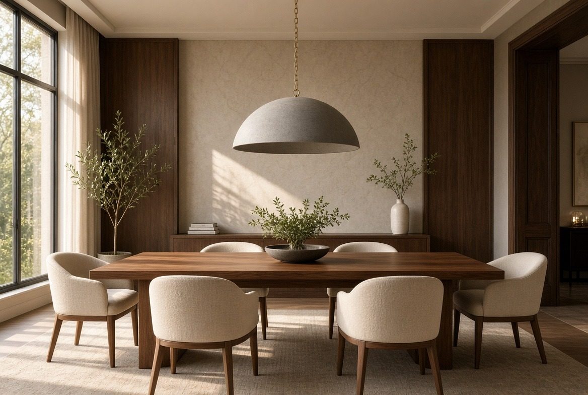Dining room with a single large grey dome pendant on a brass chain over a walnut table, cream boucle chairs, walnut panelled walls and an olive tree