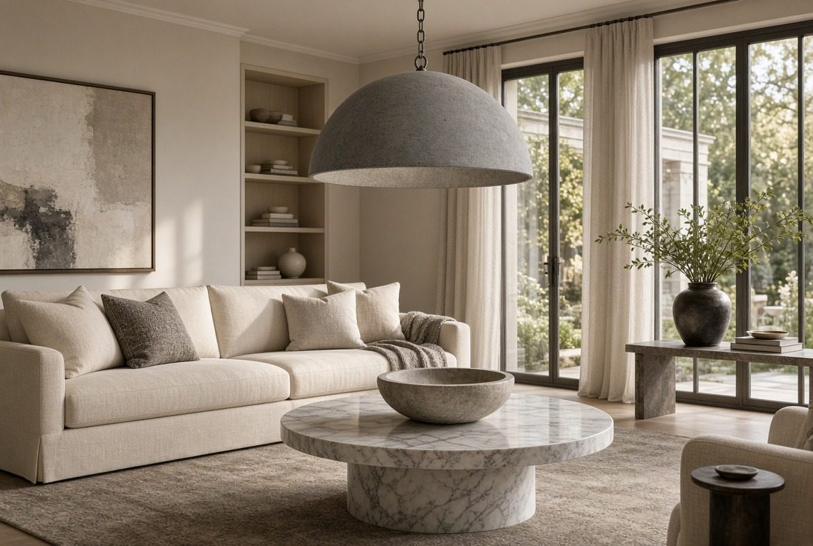 Living room with a large speckled stone dome pendant on a dark chain, a cream linen sofa, a round white marble pedestal coffee table and garden doors