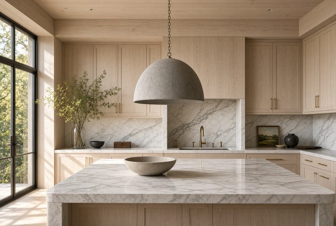 Kitchen with a speckled stone dome pendant over a white marble waterfall island, pale rift oak cabinetry, a marble backsplash and a brass tap