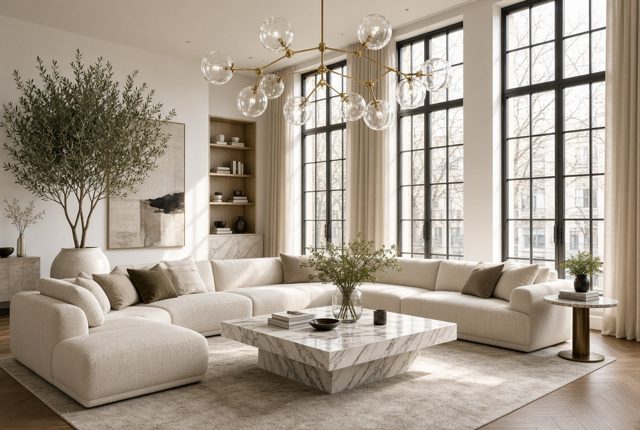 Branching Brass Chandelier Over a Boucle Sectional