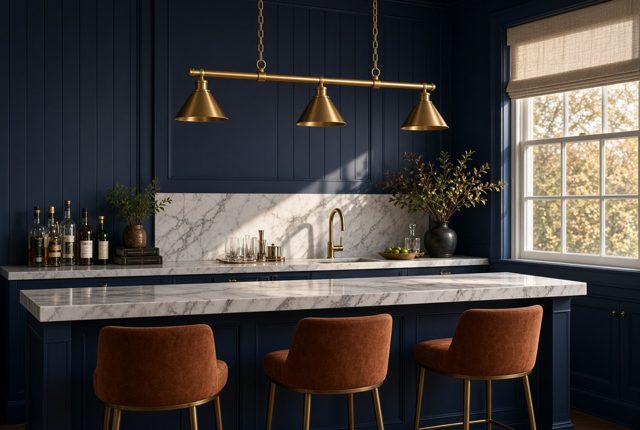 Brass Cone Pendants Over a Navy Wet Bar