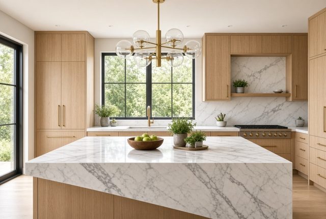 Brass Globe Chandelier Over a White Oak Kitchen