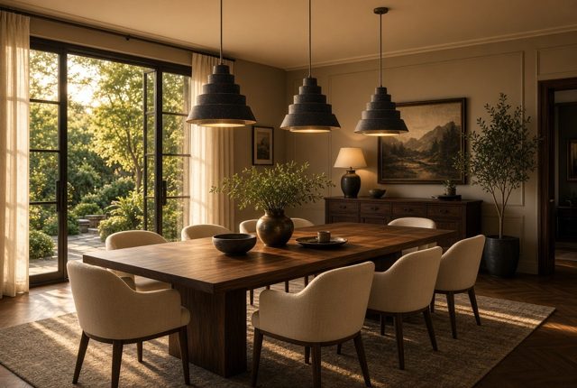 Ceramic Pendants and a Walnut Table at Golden Hour