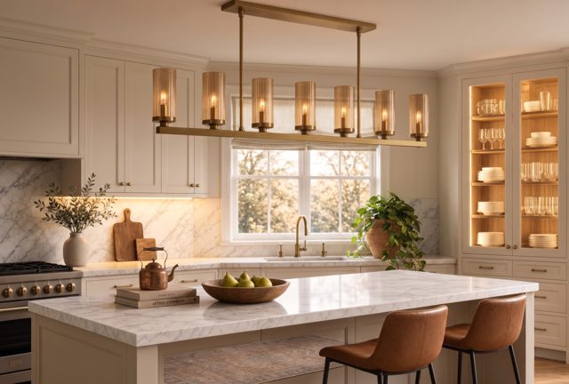 Fluted Glass Bar Light Over a Marble Island