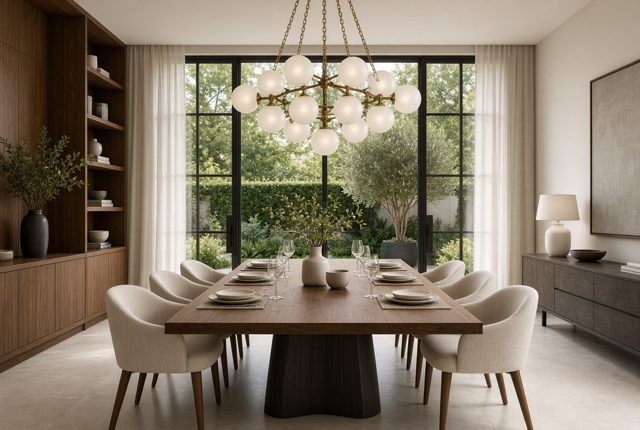 Frosted Globe Chandelier Over a Walnut Dining Table