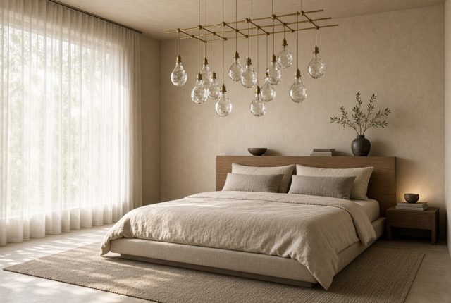 Glass Bulb Grid Over a Linen Bed