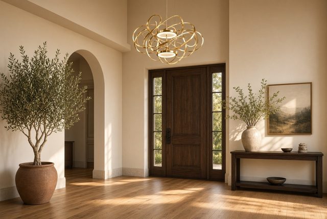 Gold Ribbon Chandelier in a Double-Height Entry