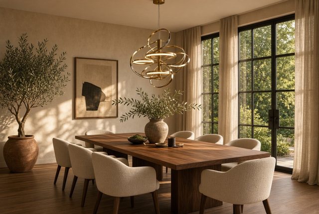 Gold Ribbon Chandelier Over a Walnut Table