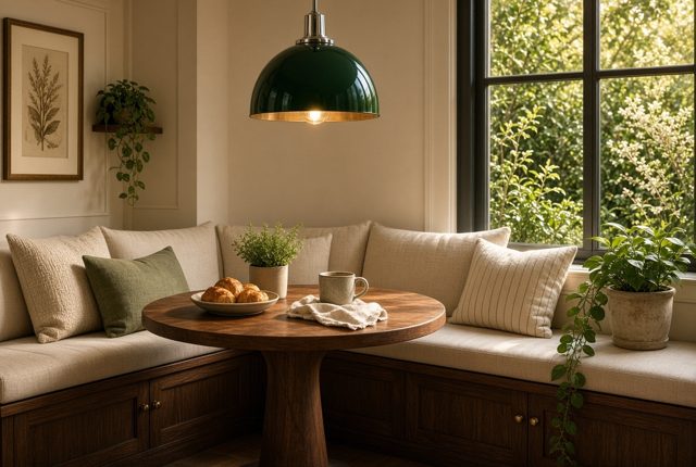 A Hunter Green Pendant Over a Breakfast Nook