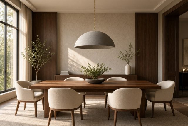 Grey Dome Pendant Over a Walnut Dining Table