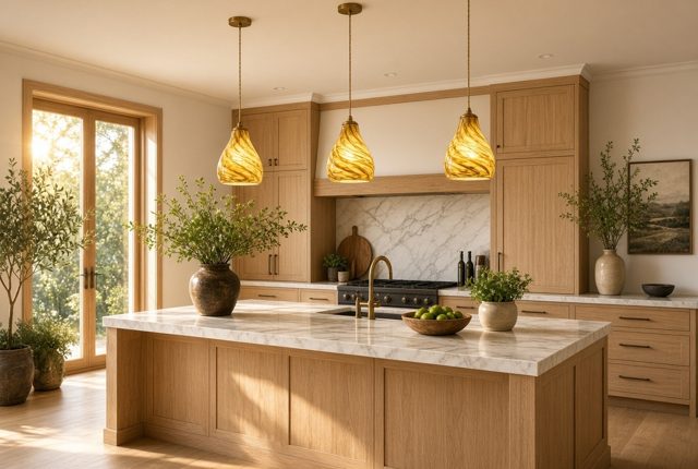 Honey Glass Pendants Over a Marble Island