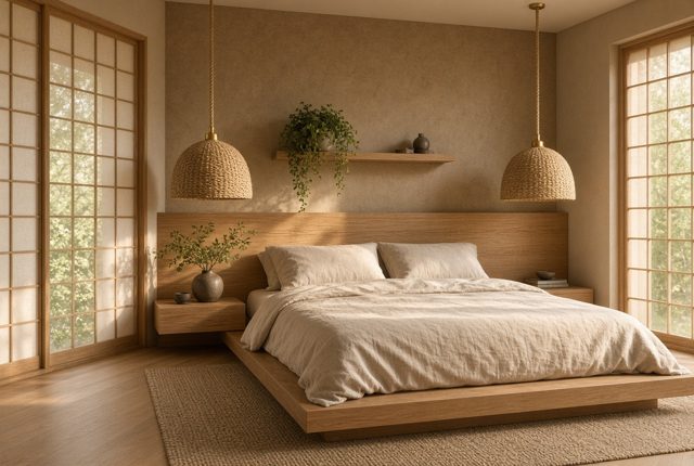 Paired Woven Pendants Over an Oak Platform Bed