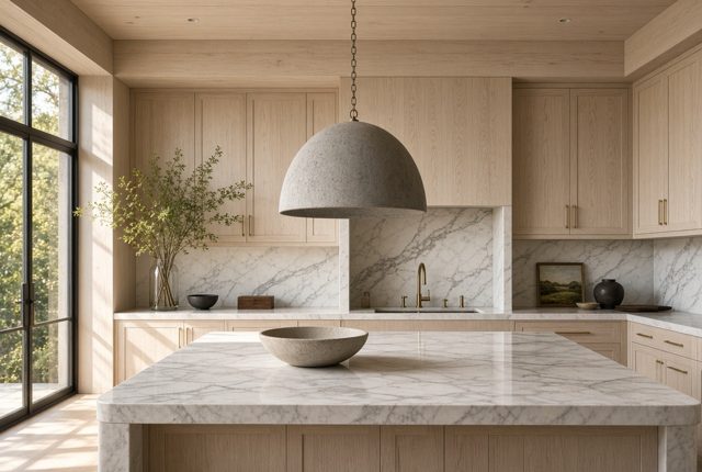 Stone Dome Pendant Over a Marble Island