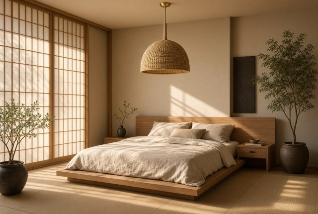Woven Pendant Over a Low Oak Platform Bed