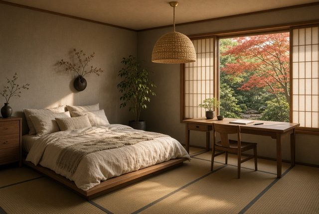 A Woven Pendant Over a Tatami Bedroom