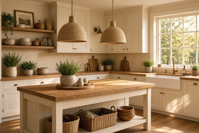 Woven Pendants Over a Butcher Block Island