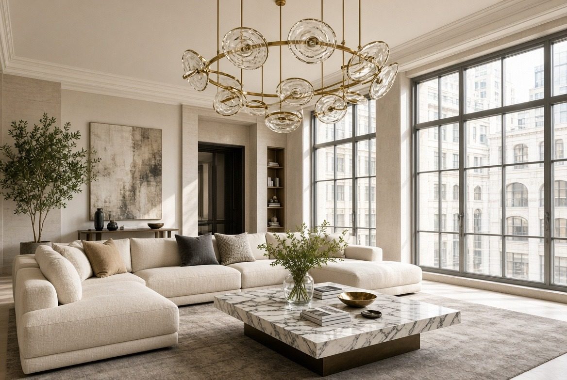 Rendered high-floor living room with a brass ring chandelier of swirled glass, a long cream boucle sectional, a white marble slab coffee table, an olive tree and arched windows onto a limestone facade