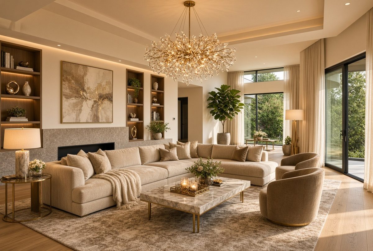 Rendered living room with a large brass and crystal starburst chandelier, a long oatmeal sectional, a marble coffee table on brass legs, two sand velvet swivel chairs and a fiddle-leaf fig