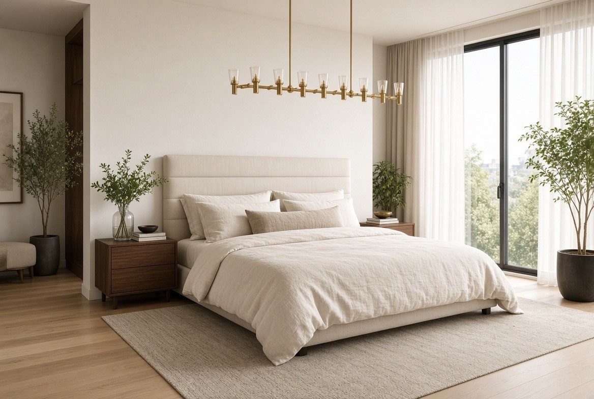 Rendered bedroom with a linear brass pendant, a cream channel-stitched upholstered bed, walnut nightstands, a wool rug and two olive trees
