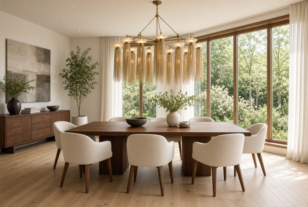 Rendered dining room with a brass chandelier of hanging fringe shades, a walnut dining table, cream upholstered chairs, a walnut sideboard and an olive tree