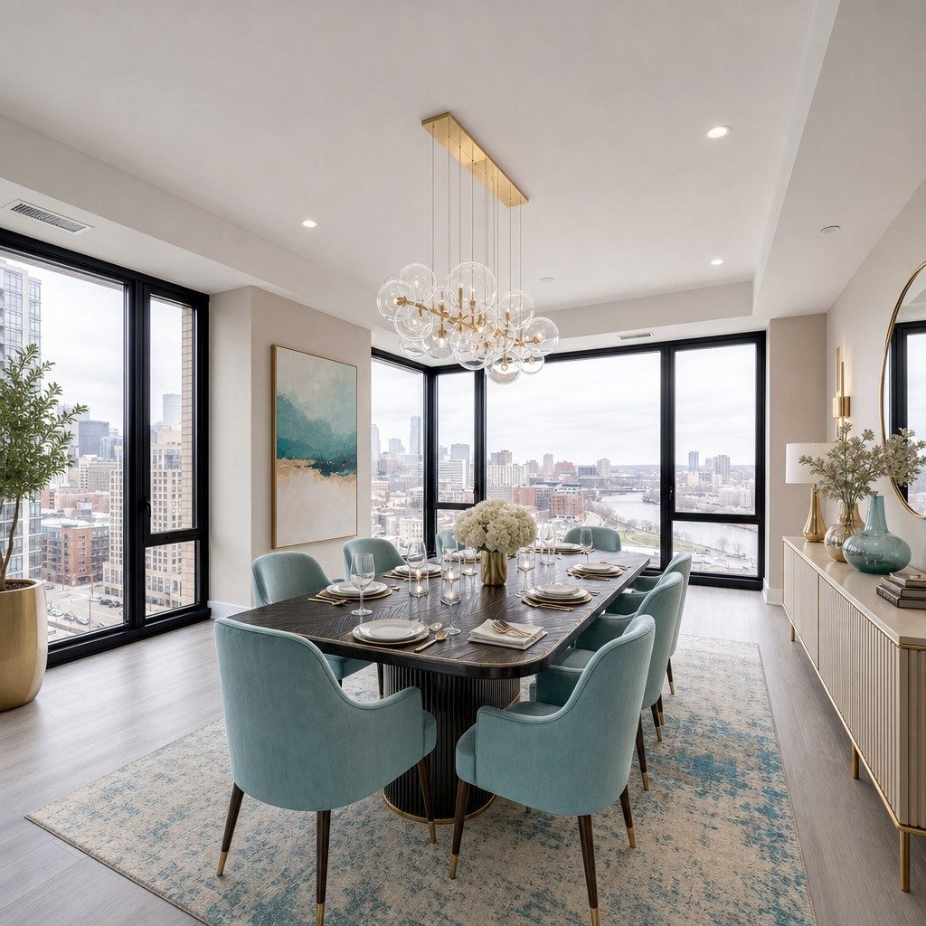 Rendered dining room with floor-to-ceiling windows over a city, a brass linear chandelier of clear glass globes, eight seafoam velvet chairs around a dark fluted-pedestal table, and a fluted cream credenza