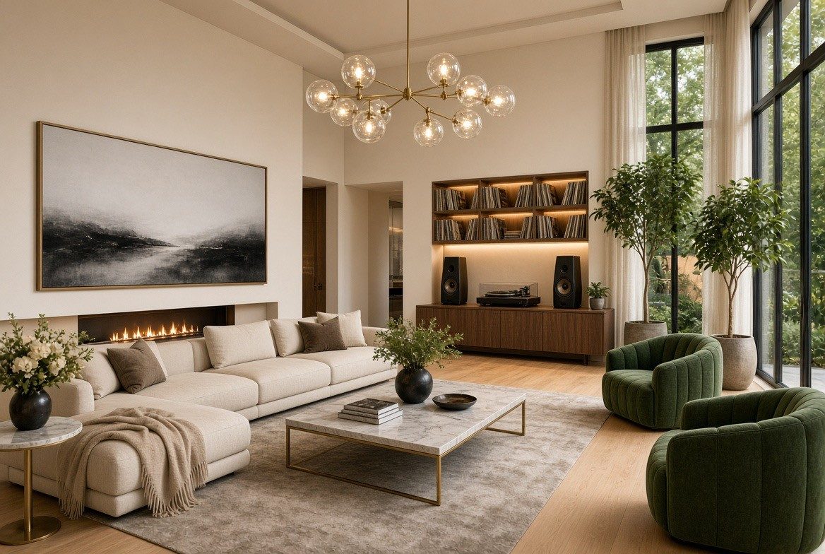 Rendered living room with a brass chandelier of clear glass globes, a cream sectional, a marble and brass coffee table, two green velvet swivel chairs and a walnut record credenza