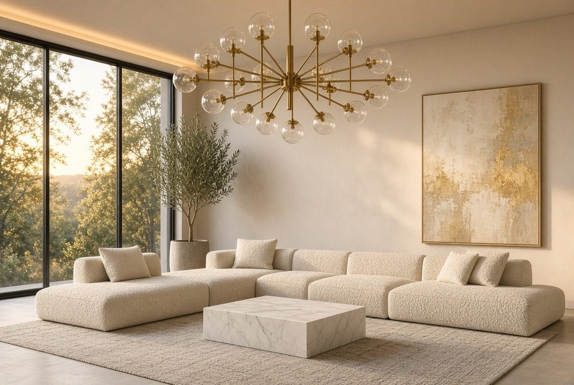 Rendered living room at golden hour with a radiating brass chandelier of clear glass globes, a cream boucle modular sectional, a solid white marble coffee table, an olive tree and a gold abstract canvas