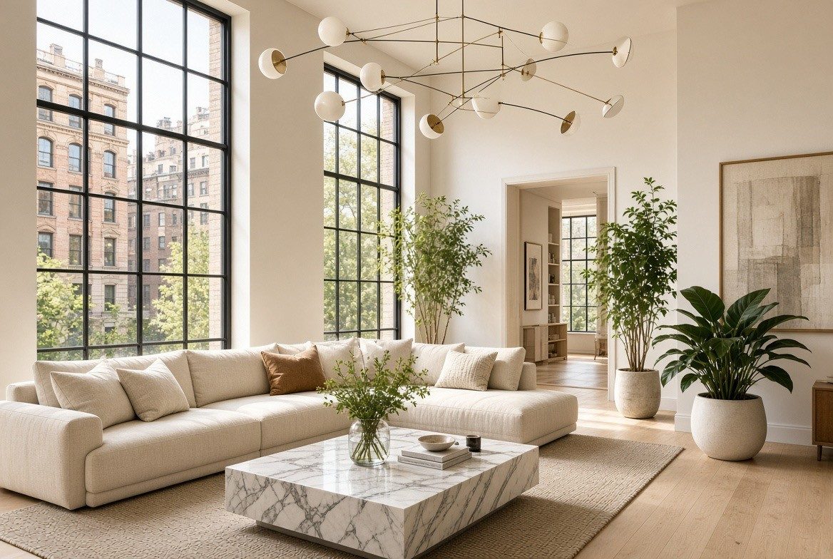 Rendered loft living room with a balanced brass mobile chandelier, a long cream sectional, a white marble block coffee table and tall windows onto a brick street
