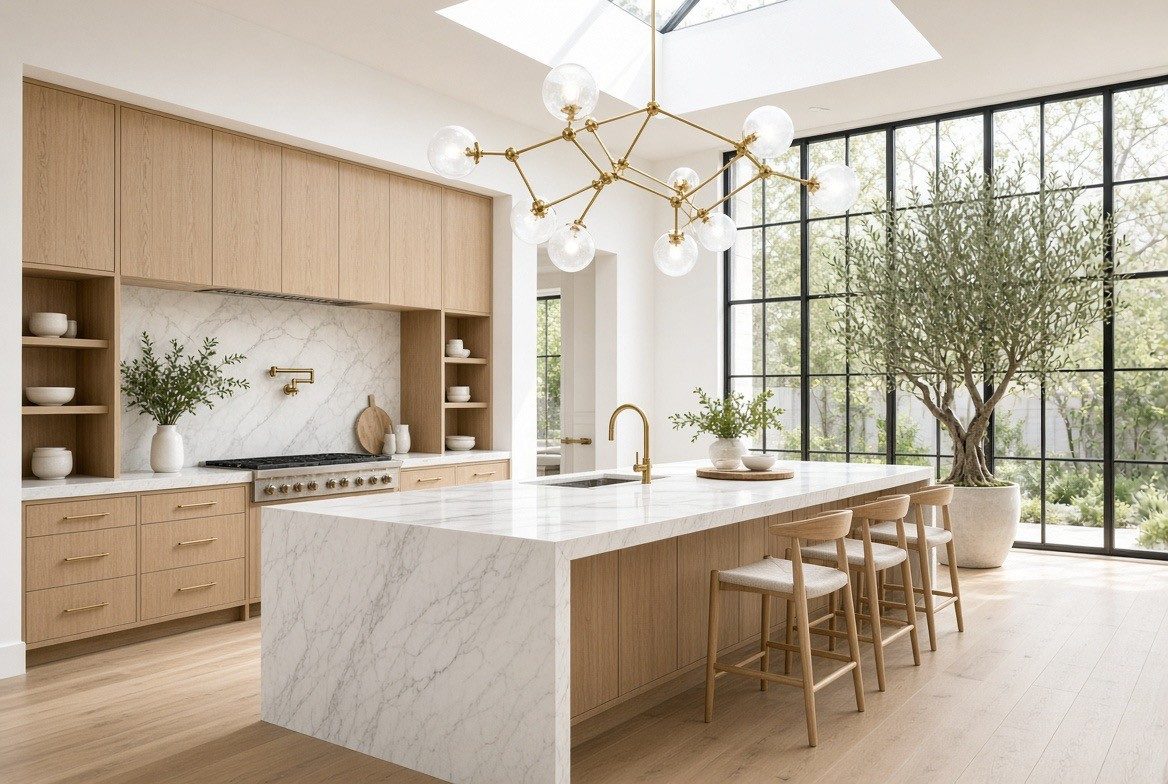 Rendered kitchen with a geometric brass chandelier of clear glass globes, white oak cabinetry, a marble waterfall island, oak counter stools and an olive tree