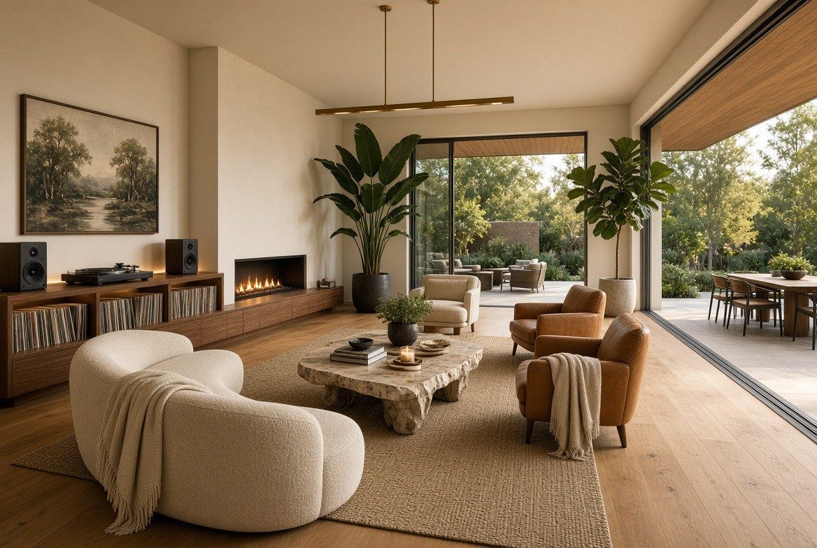 Rendered living room open to a terrace with a slim brass linear pendant, a curved cream boucle sofa, a raw stone coffee table, two cognac leather chairs and a walnut record credenza