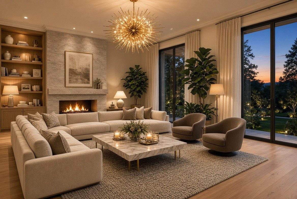 Rendered living room at dusk with a large brass sputnik chandelier, a sand L-sectional, a marble coffee table on brass legs, two taupe velvet swivel chairs and a lit linear fireplace