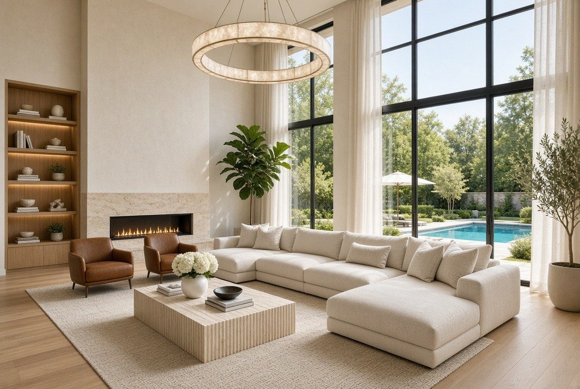 Rendered double-height living room with a glowing stone ring chandelier, a long cream L-sectional, a fluted stone coffee table, two cognac leather chairs and a pool beyond the glass