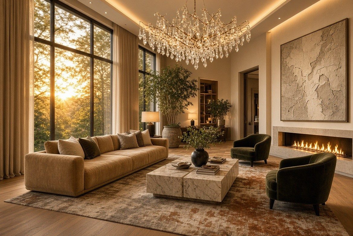 Rendered living room at sunset with a wide crystal branch chandelier, a long camel velvet sofa, a pair of travertine block coffee tables, two olive velvet chairs and a rust and grey rug
