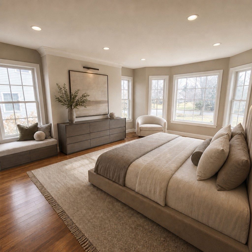 Rendered bedroom with a bay of windows, a low upholstered platform bed in taupe, a long grey six-drawer dresser under a lit canvas, a cream boucle swivel chair and a fringed natural rug