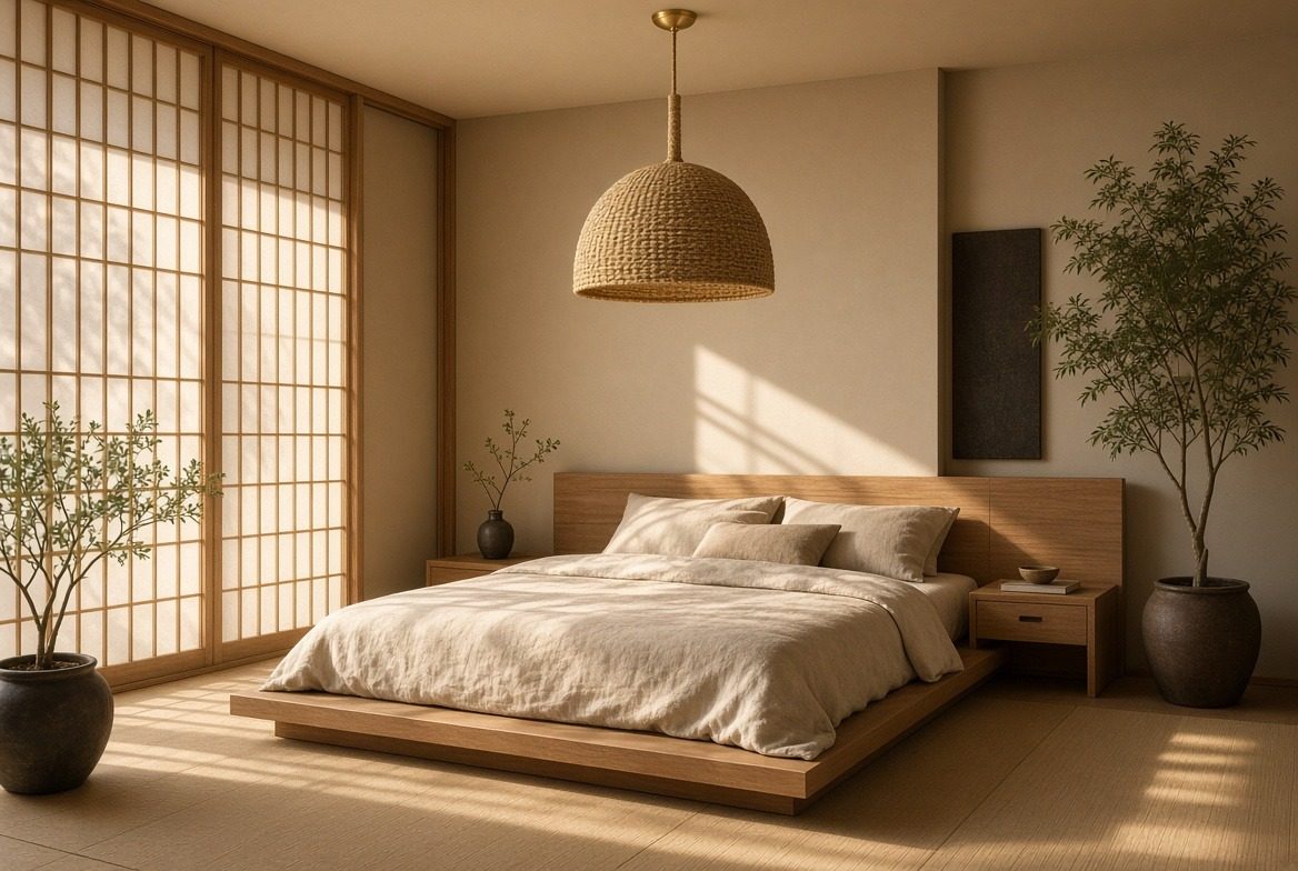Japandi bedroom with a woven rope dome pendant, a low oak platform bed with linen bedding, shoji screens and two trees in dark ceramic pots