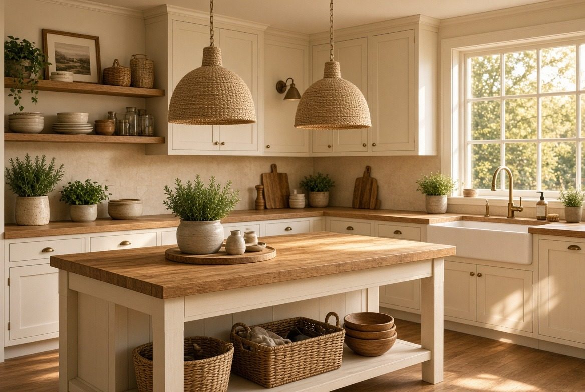 Cream farmhouse kitchen with two woven rope pendants over a butcher block island, shaker cabinetry, open shelving, a farmhouse sink and a brass tap